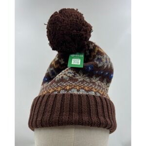 Gap Sock Hat  Brown Fair Isle Knit Pom Pom Beanie Hat NWT One Size